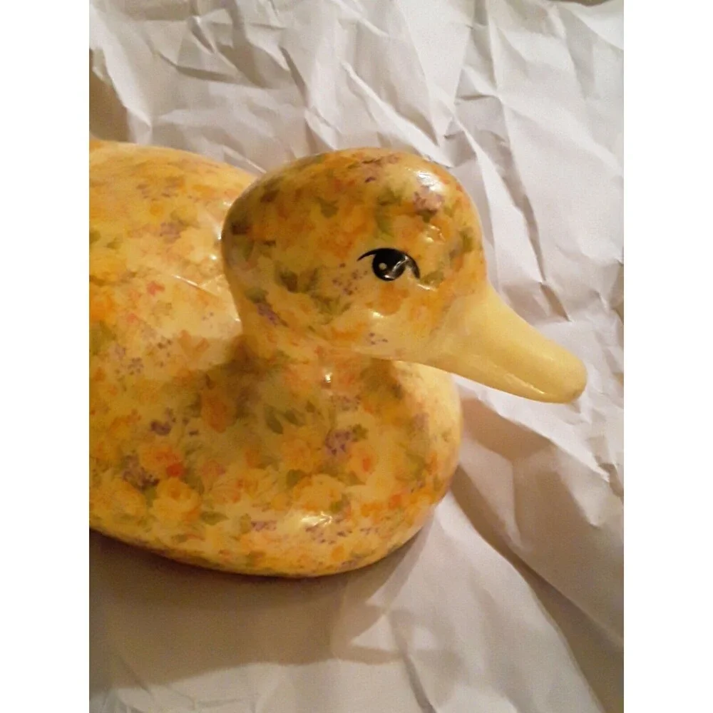 Vintage Decoupage Ceramic Yellow Duck with Flowers